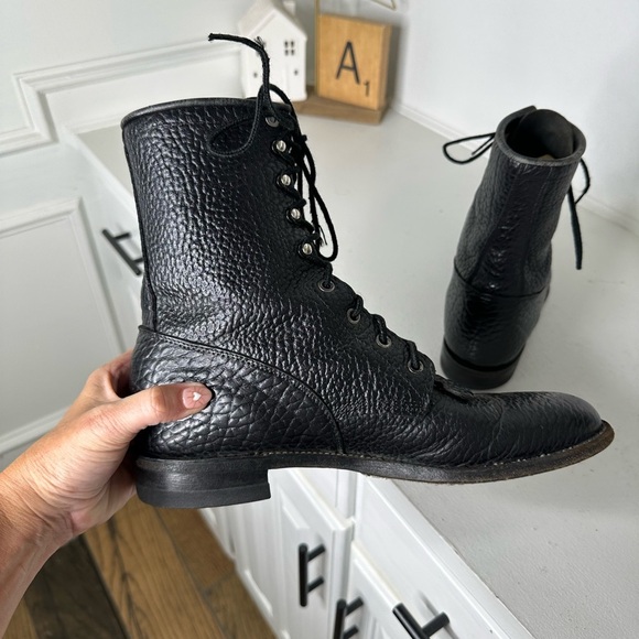 Vintage Justin Roper Boot Men 9 Slim Black Pebbled Leather Lace-Up Kiltie Cowboy - Picture 6 of 8